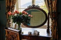 Velke Brezno, Czech Republic, 26 June 2021: chateau Velke Brezno, castle interior of bedroom, wooden ladies table with round