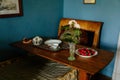 Velke Brezno, Czech Republic, 26 June 2021: chateau Velke Brezno, castle interior of blue bedroom, bed with a bedside table set