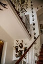 Velke Brezno, Czech Republic, 26 June 2021: chateau Velke Brezno, castle interior, corridor with wooden stairs, antlers and other