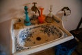 Velke Brezno, Czech Republic, 26 June 2021: chateau Velke Brezno, castle interior, Bathroom with painted sink and bottles for soap