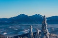 Velky Rozsutec and Stoh in Mala Fatra mountains from Velka Raca hill in winter Kysucke Beskydy mountains Royalty Free Stock Photo