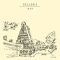 Vellore, Tamil Nadu, South India. Ancient Jalagandeswarar Hindu temple in Vellore fort. Entrance gopuram tower Travel sketch