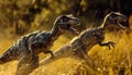 Velociraptor pack on the hunt, displaying their agility and intelligence in the wild Royalty Free Stock Photo