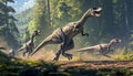 Velociraptor pack on the hunt, displaying their agility and intelligence in the wild Royalty Free Stock Photo