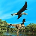 Velociraptor and pterodactyl 3d rendering