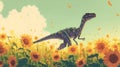 A Velociraptor stalks through a field of sunflowers its sharp claws ready to up any unsuspecting prey