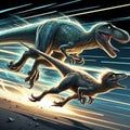 Velociraptors using their speed and agility to evade a larger