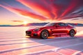 Velocity at Sunset: Red Sport Car Speeding Across the Bonneville Salt Flats Under a Vibrant Sunset Sky, Motion Blur Showcase Royalty Free Stock Photo