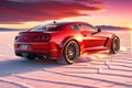 Velocity at Sunset: Red Sport Car Speeding Across the Bonneville Salt Flats Under a Vibrant Sunset Sky, Motion Blur Showcase