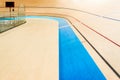 Velodrome cycling track empty curved high wooden floor with markings