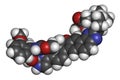 Velpatasvir hepatitis C virus (HCV) drug molecule. 3D rendering. Atoms are represented as spheres with conventional color coding: