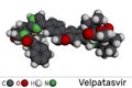 Velpatasvir molecule. It is NS5A inhibitor used to treat chronic hepatitis C infections.Molecular model. 3D rendering