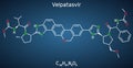 Velpatasvir molecule. It is NS5A inhibitor used to treat chronic hepatitis C infections. Structural chemical formula on the dark