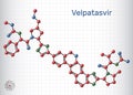 Velpatasvir molecule. It is NS5A inhibitor used to treat chronic hepatitis C infections. Structural chemical formula and molecule