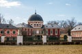 Veltrusy, Central Bohemia, Czech Republic, 5 January 2022: Rococo castle with park and garden, Romantic baroque chateau red with Royalty Free Stock Photo