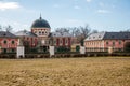 Veltrusy, Central Bohemia, Czech Republic, 5 January 2022: Rococo castle with park and garden, Romantic baroque chateau red with Royalty Free Stock Photo