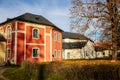 Veltrusy Rococo castle with park and garden, Romantic baroque chateau red with white windows in sunny autumn day, Central Bohemia Royalty Free Stock Photo