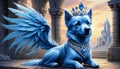 Upon a velvet cushion sprawls a noble blue dog, crowned with glittering jewels and draped in regal finery