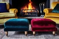 velvet footstools next to a fireplace Royalty Free Stock Photo
