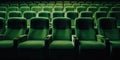 Velvet Green Theater Seats Arranged in Rows with Soft Lighting. Front View of Vintage Green Chairs in Cinema. Generative Royalty Free Stock Photo