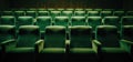 Velvet Green Theater Seats Arranged in Rows with Soft Lighting. Front View of Vintage Green Chairs in Cinema. Generative Royalty Free Stock Photo