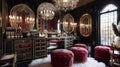 Velvet Luxury: Opulent Gold and Red in Vintage Glam Dressing, Art Deco Mirrors and Plush Ottoman