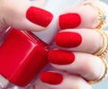 Velvet nails. Fashion trendy red fluffy nailart design