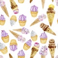 Velvet purple calm pink delicate green ice cream cupcakes sweets watercolor seamless pattern