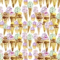 Velvet purple calm pink delicate green ice cream cupcakes sweets watercolor seamless pattern