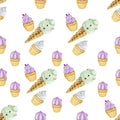 Velvet purple calm pink delicate green ice cream cupcakes sweets watercolor seamless pattern