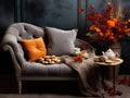 Velvet Reprieve: Chaise Lounge with Silk Cushions and Autumnal Tea Setting on a Gradient Gray Canvas Royalty Free Stock Photo