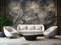 Velvet sofa and two white barrel chairs near abstract 3d panel stone wall. Art deco interior design of modern living room Royalty Free Stock Photo