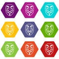 Vendetta mask icon set color hexahedron