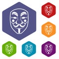 Vendetta mask icons set hexagon