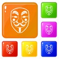 Vendetta mask icons set vector color