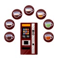 Vending automatic machine, tea and coffee drinks icons. Vector flat cartoon illustration. Hot beverages selling service Royalty Free Stock Photo