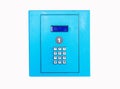 Vending hand pushing button alphabet, numbers, arrows and hashtag on vending machine operation panel keyboard blue.