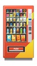 Vending machine with beverages and snack. Automatic food, sale of drinks, square appliance with panel and buttons Royalty Free Stock Photo