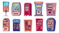 Vending machine. Cartoon snack and cold beverage vending machine, sweet candy and cold drink vending equipment