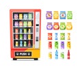Vending Machine With Colorful Buttons And Lights, Offers An Array Of Tempting Snacks And Beverages, Neatly Arranged