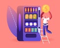 Vending Machine Food Concept. Man Put Coin for Buying Various Snacks, Drink Coffee, Crackers and Crisp from Automate Royalty Free Stock Photo