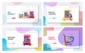 Vending Machine Food Landing Page Template Set. Tiny Characters Buying Snacks from Huge Automate, Retail Technology Royalty Free Stock Photo