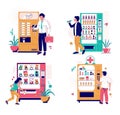 Vending machine set with characters, vector isolated illustration