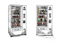 Vending machine set hand drawn sketch. Automatic snack and drink sale machinery isometric and front view. Black and