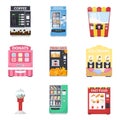 Vending machine set. Vend food or beverages, ice-cream, juice, popcorn, coffee, donat. Isolated on white background Royalty Free Stock Photo