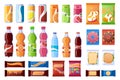 Vending machine snack. Beverages, sweets and wrapper snack, soda, water. Vending products, machine bar snacks vector