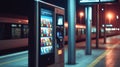 Vending machine illuminated at a train station during nighttime with trains arriving and departing Royalty Free Stock Photo