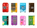 Vending machines. Automatic selling foods snacks and drinks coffee ice cream and popcorn vector flat illustrations