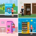 Vending machines food. People buying various snacks drink coffee crackers and crisp from automat vector concept pictures