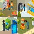 Vending machines. People drinking eating fast food snacks chips ice cream buying in automatic shop vector concept